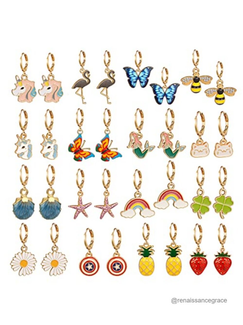 Girls Hypoallergenic Gold Plated Huggie Hoop Earrings Set with Charms - 16 Pairs